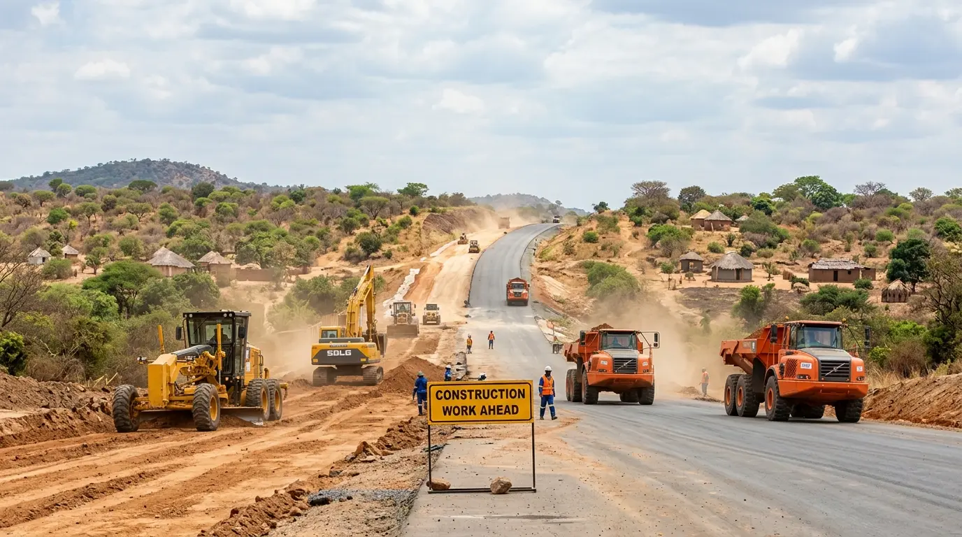 A broad landscape shot showing heavy machinery at work on a major road expansion project in a regional Zambian district.