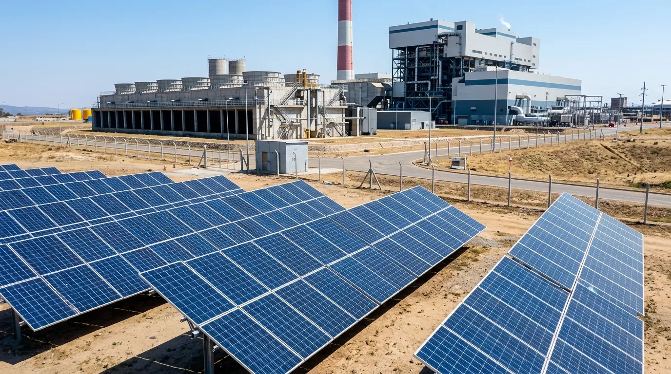 A close-up photograph of modern solar arrays alongside the Maamba energy facility in Southern Zambia under a bright sun.