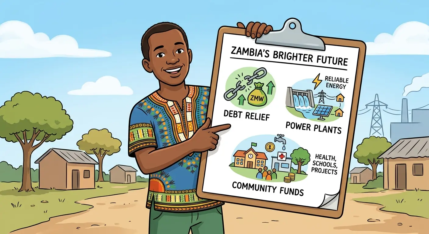 A cheerful diagram-style picture showing an everyday Zambian holding a clipboard with simplified icons representing debt relief, power plants, and community funds.