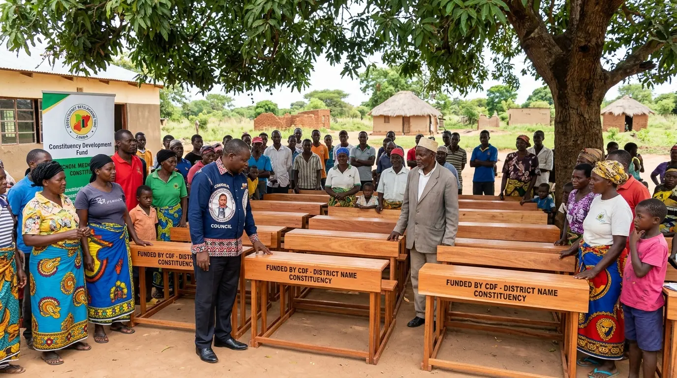 A community gathering in a rural Zambian district, where local council members and residents are inspecting new school desks funded by the local CDF.