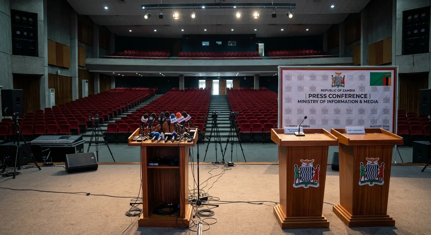 A political press conference setting with microphones and podiums set up inside an empty auditorium in Lusaka.