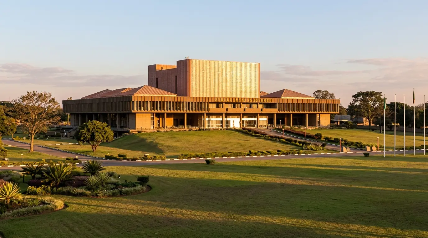 A wide shot of the Zambian National Assembly building in Lusaka, bathed in early morning light.