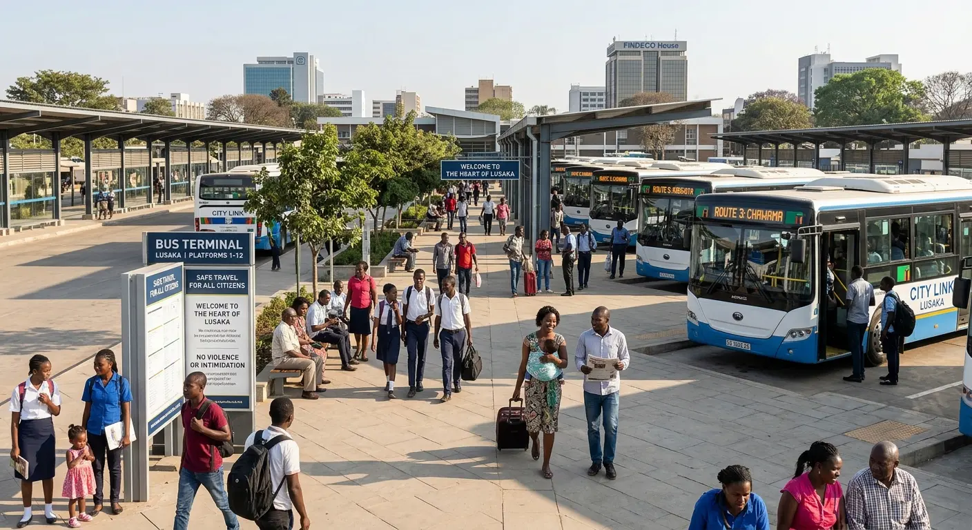A serene, peaceful public bus terminal in Lusaka where citizens walk freely without political intimidation or violence.
