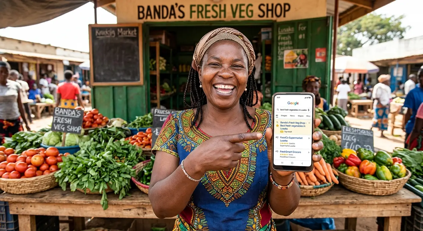 A local Zambian shop owner pointing proudly at their phone screen. On the screen, their business is ranking #1 on Google search results for "best fresh vegetables in Lusaka," leaving several larger corporate names trailing behind.