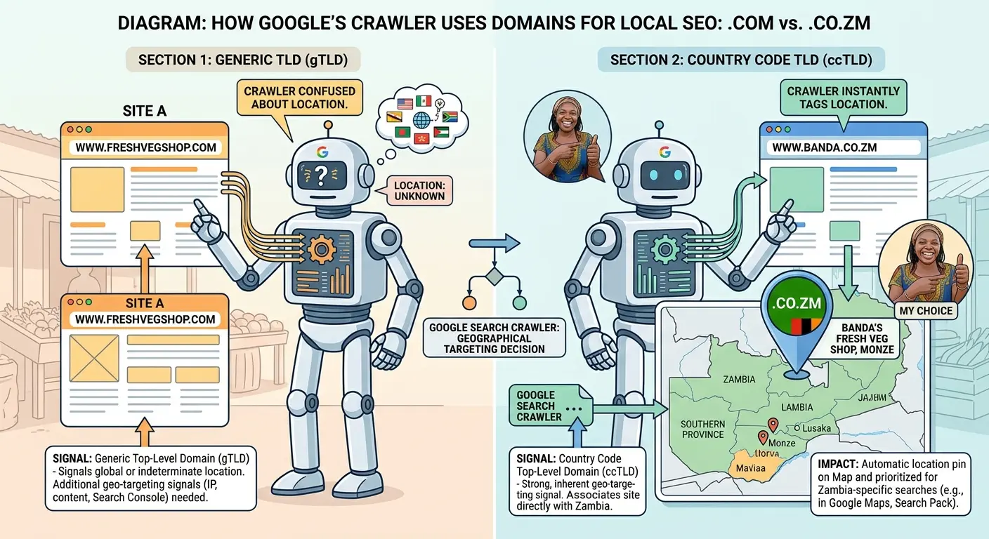 A clean diagram showing Google's search crawlers scanning two websites. Site A has a '.com' domain, and the crawler is confused about its location. Site B has a '.co.zm' domain, and the crawler instantly tags it with a pin on a map of Zambia.