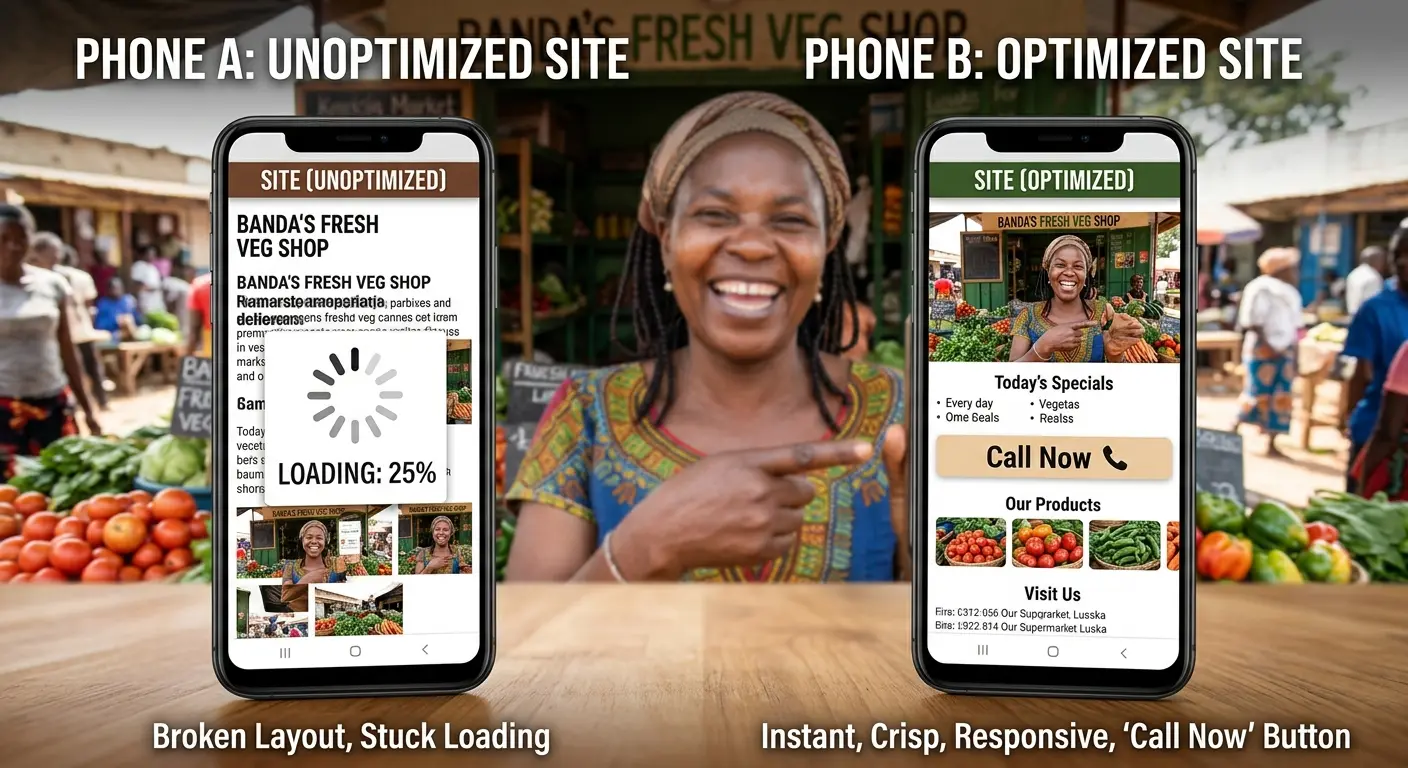 A comparative mockup showing the exact same website on two phones. Phone A (unoptimized) shows a broken layout with a loading spinner stuck at 25%. Phone B (optimized using clean responsive design) loads instantly with crisp text and a prominent "Call Now" button.
