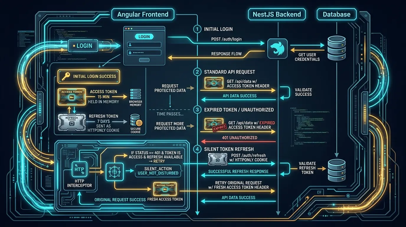 A sequence diagram illustrating the lifecycle of dual-token authentication. It shows three columns: Angular Frontend, NestJS Backend, and Database. Step 1 shows initial login returning an Access Token (15 min lifespan, held in memory) and Refresh Token (7 day lifespan, sent as an HttpOnly cookie). Step 2 shows a standard API request with the Access Token header. Step 3 shows an expired Access Token receiving a 401 Unauthorized response. Step 4 shows the Angular interceptor silently hitting /auth/refresh with the cookie to retrieve a fresh Access Token without disturbing the user.