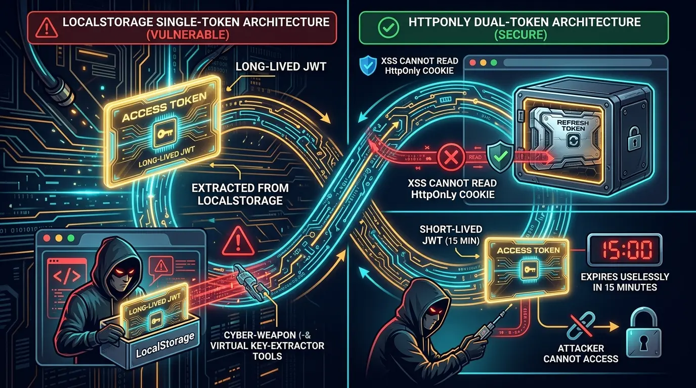 A split infographics illustration comparing LocalStorage single-token architecture versus HttpOnly dual-token architecture. The left side shows an XSS attack vector extracting a long-lived JWT directly from LocalStorage. The right side shows an XSS attack failing to read the HttpOnly Refresh Token Cookie, alongside an attacker intercepting an Access Token that expires uselessly in 15 minutes.