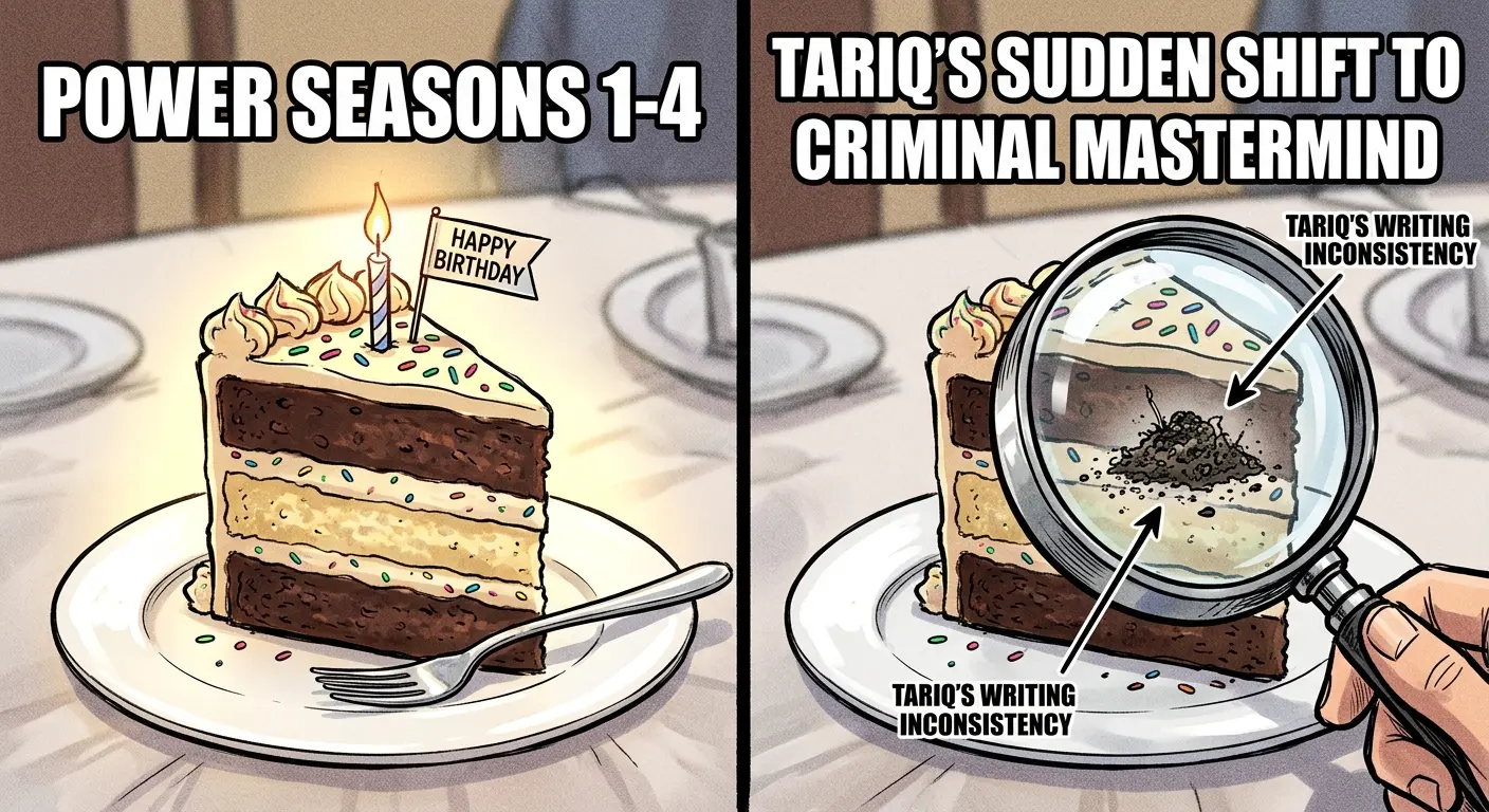 A humorous split-screen meme illustration. On the left side, a pristine, delicious slice of birthday cake labeled "Power Seasons 1-4". On the right side, a giant magnifying glass pointing at a microscopic pile of dirt inside the cake labeled "Tariq's sudden shift to criminal mastermind".
