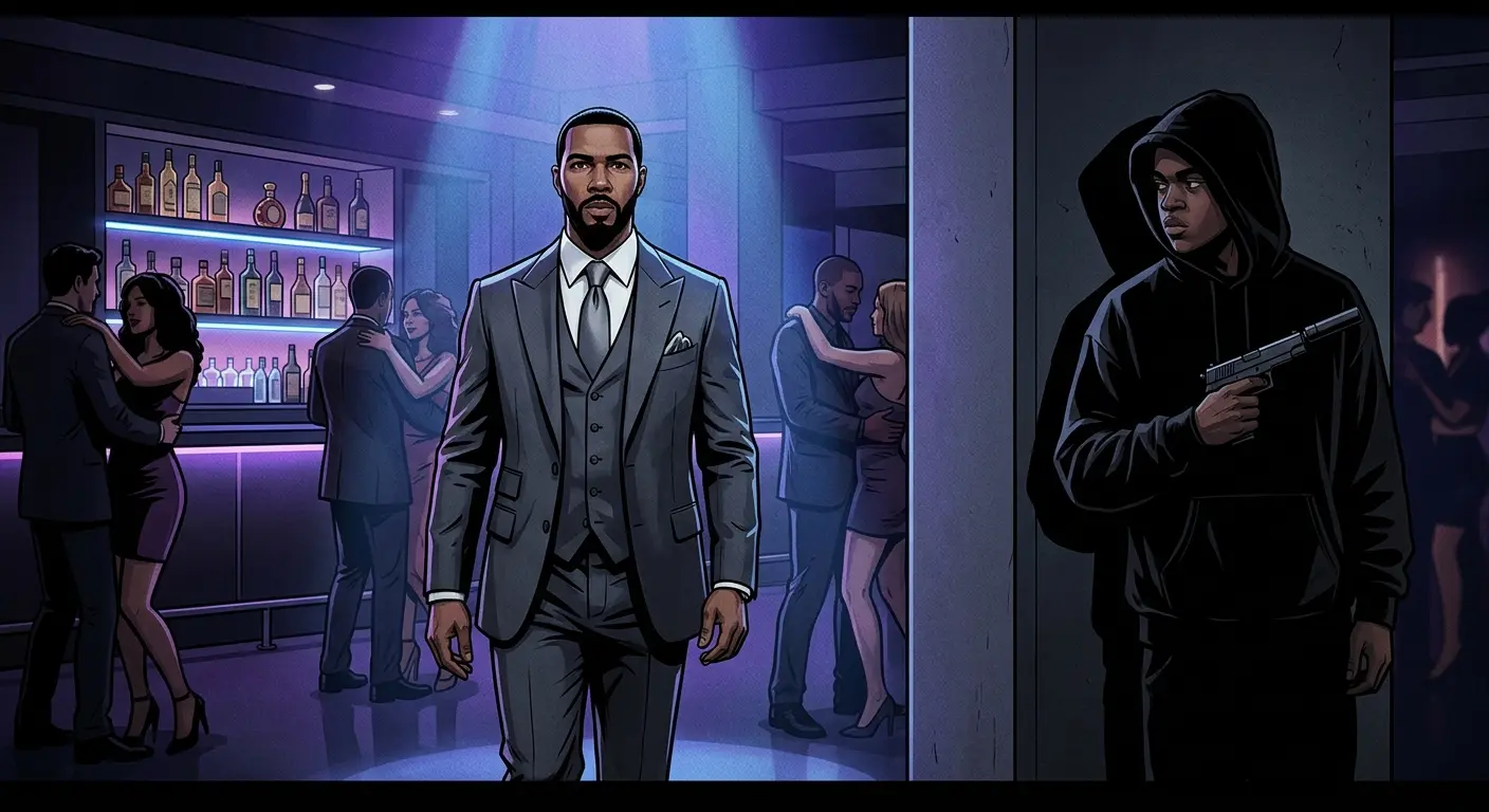 A dramatic still-frame screenshot style illustration of Ghost standing in his high-end nightclub wearing a tailored three-piece suit, while Tariq stands in the shadow behind him wearing an oversized hoodie, holding a suppressed pistol.