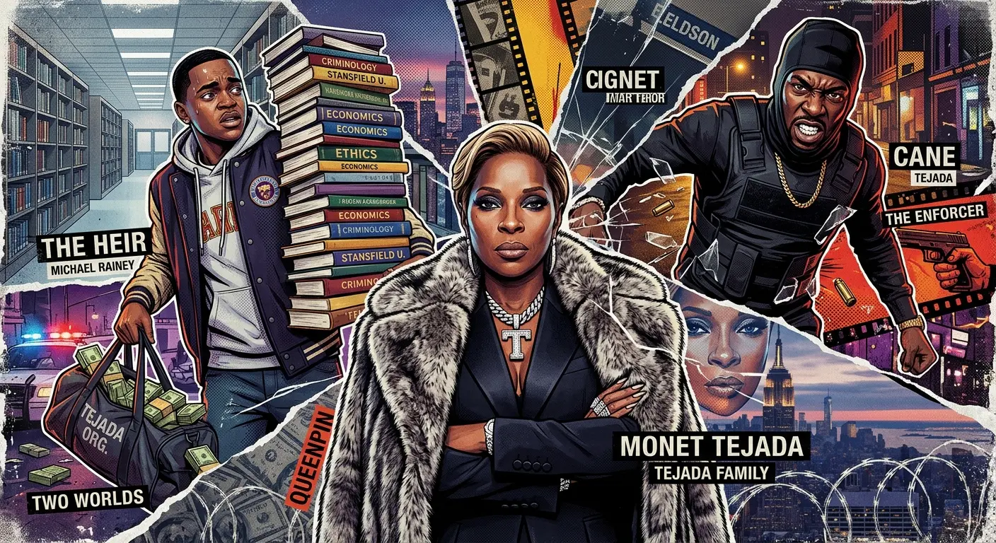An energetic collage of the Tejada family—Monet looking cold and commanding in front, Cane glaring menacingly, and Tariq nervously balancing a stack of university textbooks in one hand and a bag of cash in the other.