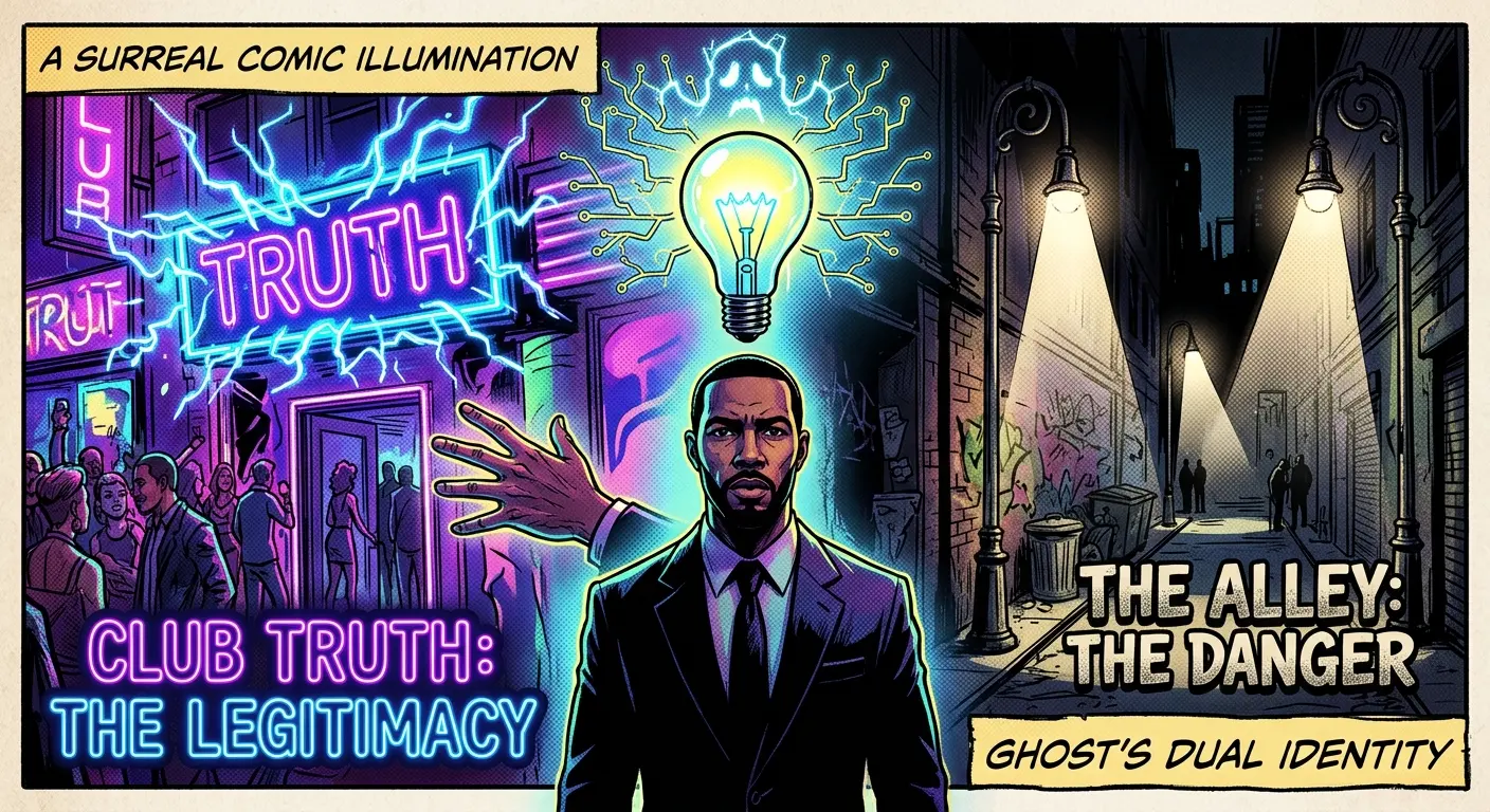 A surreal comic-style lightbulb moment artwork. On one side, a neon sign for the club "TRUTH" flickers; on the other side, a dark alleyway is illuminated by streetlights, illustrating the dual nature of Ghost's identity.