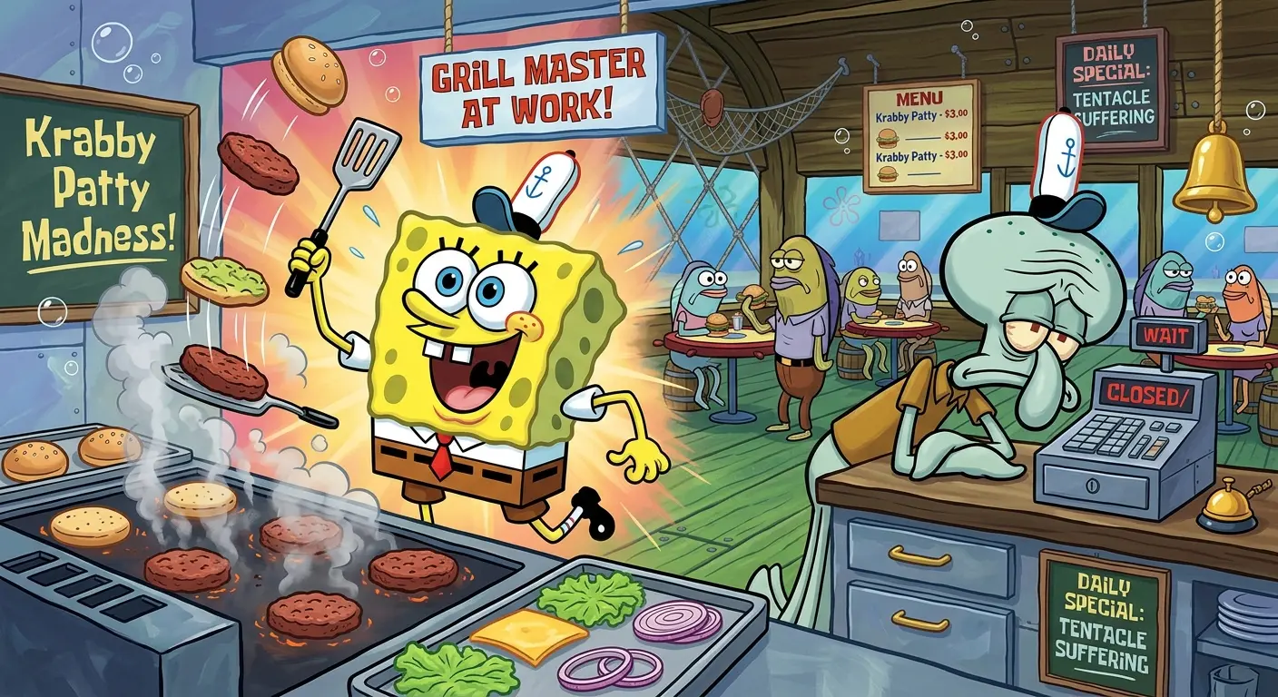 A humorous freeze-frame of SpongeBob happily flipping Krabby Patties at the Krusty Krab grill with a massive smile, while in the background Squidward leans against the cash register looking utterly exhausted and soul-crushed.