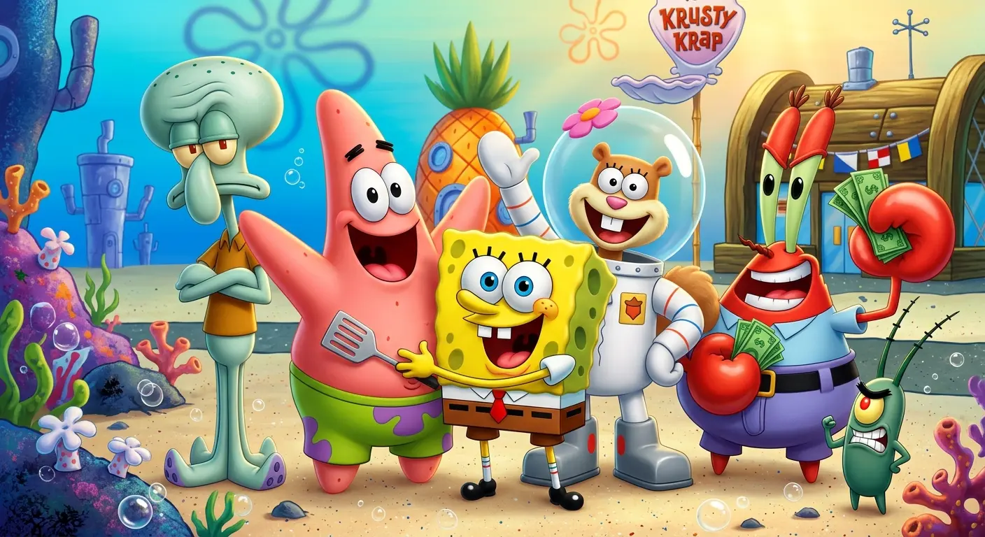 A group promotional picture featuring SpongeBob, Sandy, Squidward, Patrick, Mr. Krabs, and Plankton gathered together with expressive reactions.