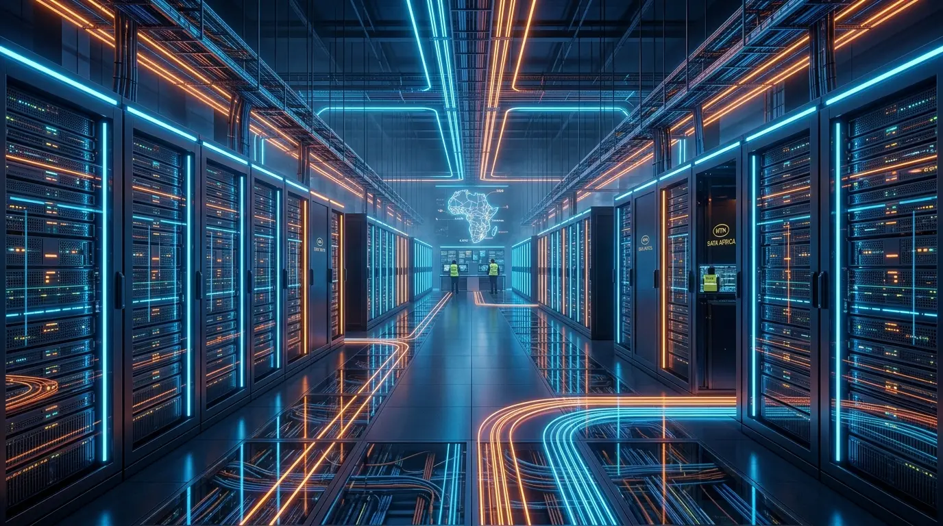 A futuristic, sleek digital data center server room illuminated with vibrant neon blue and orange LED strip lighting, showing endless rows of high-density server racks stretching into the distance.