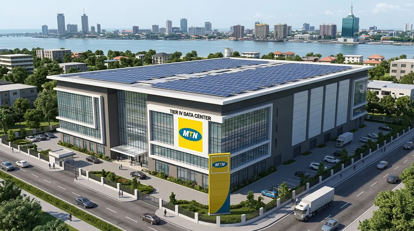 An architectural exterior rendering of a modern, multi-story Tier IV data center facility with clean glass lines, solar panels on the roof, and prominent MTN branding, set against a Lagos skyline.