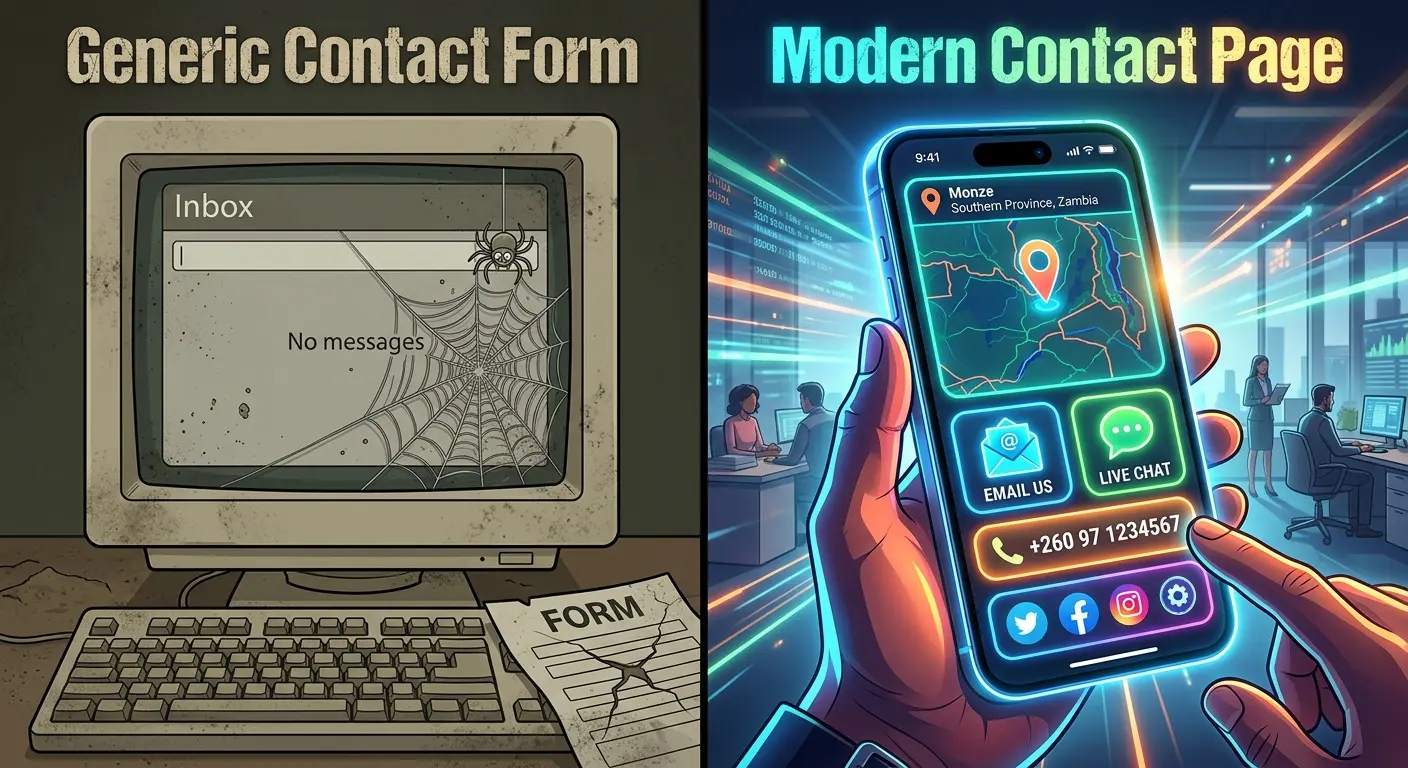 A split-screen graphic. Left side: a dusty, empty digital inbox with a spiderweb (labeled "Generic Contact Form"). Right side: a glowing smartphone with an active map, email, and a clickable phone number (labeled "Modern Contact Page").