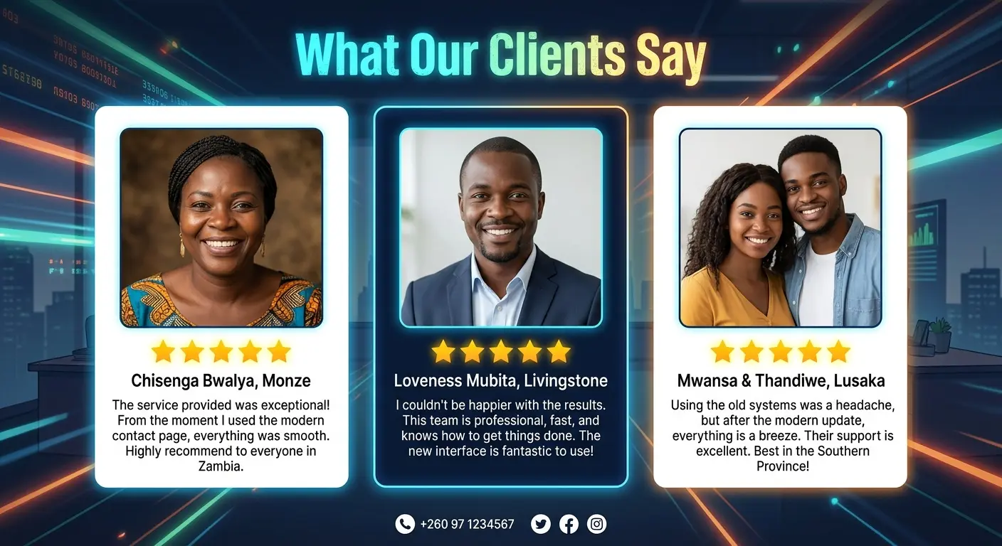 A clean, modern UI mockup of a website section titled "What Our Clients Say," featuring three neat review cards with 5-star graphics and photos of happy local Zambian clients