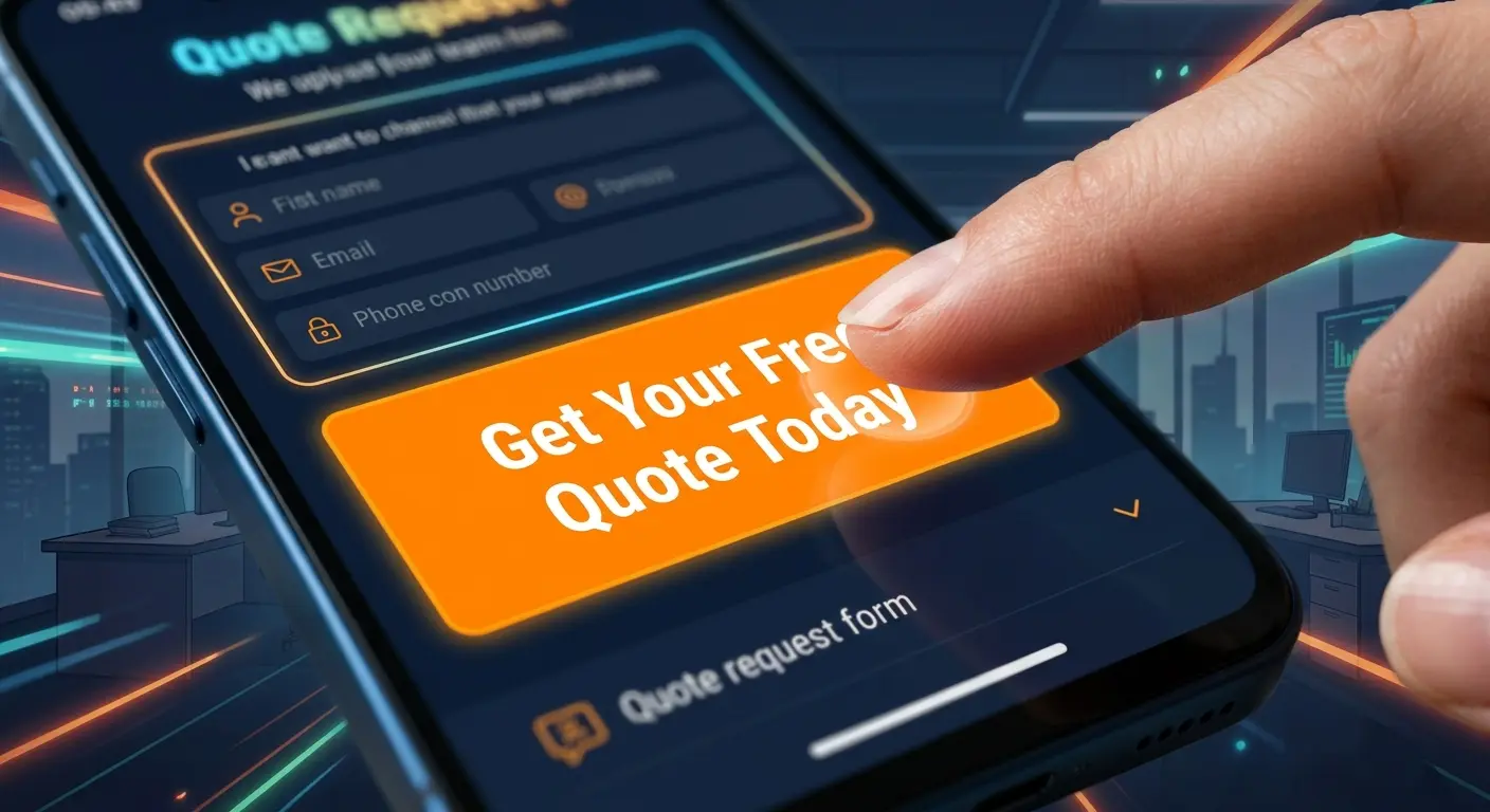 A close-up of a finger tapping a bright, highly contrasting orange button that reads "Get Your Free Quote Today" on a smartphone screen