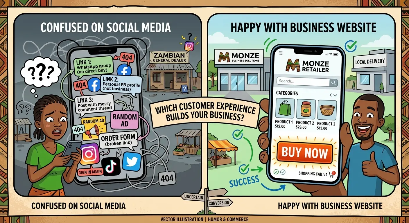 A humorous vector illustration showing a confused customer looking at a messy, cluttered phone screen filled with random social media links, while another customer looks happily at a clean, structured business website on their phone with a clear "Buy Now" button.