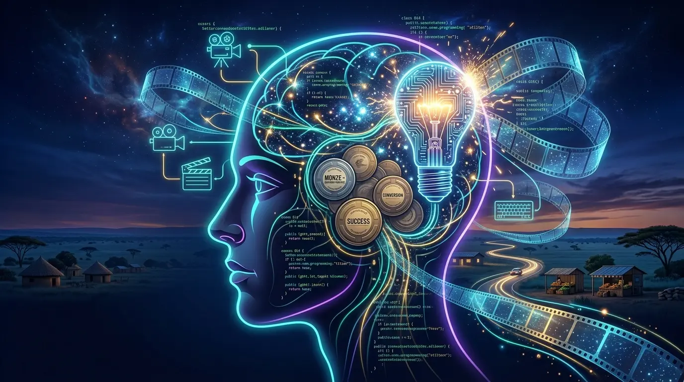 A vibrant, surreal illustration of a human head in profile. Inside the mind, instead of standard gears, there is a glowing neon lightbulb sparking into a constellation of film reels, code blocks, and sprawling mental pathways. Tone: energetic, sleek, and modern.