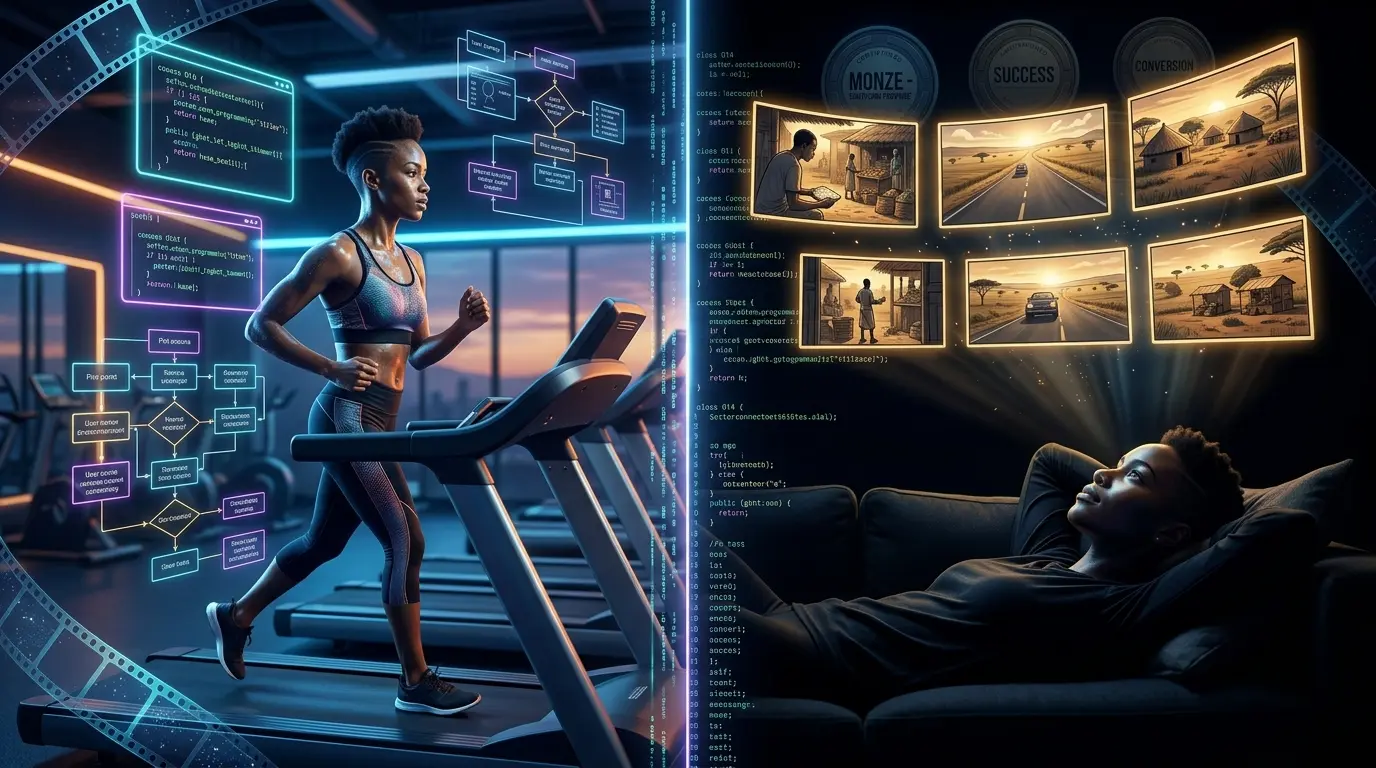 A split-screen visual. On the left, a person pacing on a treadmill with code and narrative diagrams floating around them. On the right, a person lying down in a dark room with glowing cinematic storyboards floating overhead. Tone: modern, high-contrast, visually engaging.