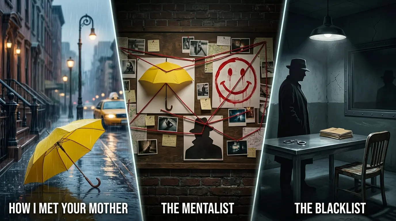 A dramatic split-screen illustration featuring iconic symbols from all three shows: a bright yellow umbrella resting against a rainy street background (How I Met Your Mother), a creepy red smiley face drawn in blood on a dark brick wall (The Mentalist), and a shadowy silhouette of a man wearing a classic fedora and trench coat in a dimly lit interrogation room (The Blacklist).