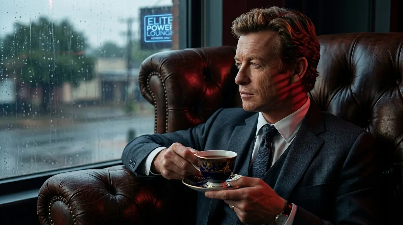 A close-up cinematic shot of Patrick Jane sitting on a leather couch, looking thoughtfully out a window while holding a teacup, with subtle crimson lighting casting shadow lines across his face.