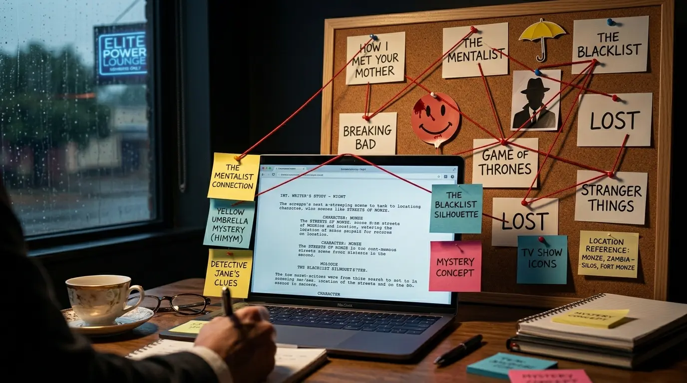 A high-contrast aesthetic photo of a writer's desk with a laptop displaying a screenplay manuscript, surrounded by sticky notes with connecting red string leading to names of iconic TV shows on a corkboard.