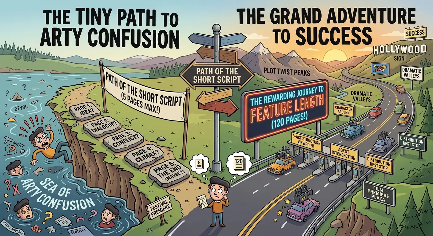 A humorous illustration showing two paths on a fork in the road. On the left, a tiny, cramped stepping stone labeled "5-Page Short Script" leads straight off a cliff into a sea of vague arty confusion. On the right, a sprawling, exciting highway labeled "120-Page Feature Length" stretches across a cinematic landscape filled with dramatic peaks and valleys.