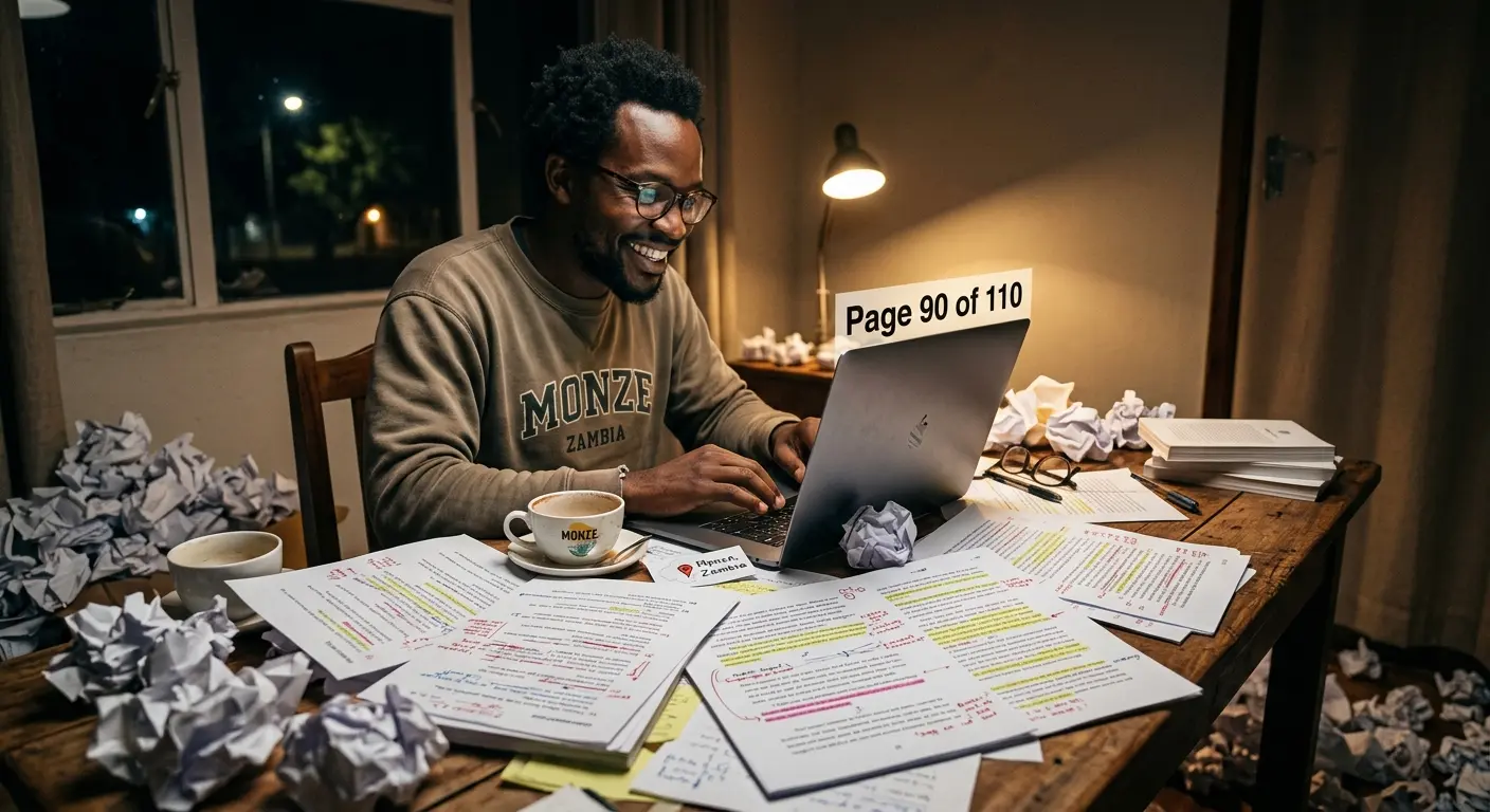 A writer sitting surrounded by crumpled paper drafts at a desk late at night, staring cheerfully at a laptop screen that reads "Page 90 of 110". Red notes and highlighter marks cover printouts on the desk, showcasing the chaotic beauty of the rewriting phase.