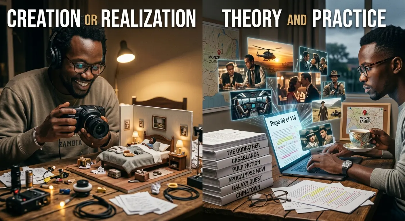 A side-by-side comparison concept. On the left, a film director wearing headphones holding a camera on a tiny bedroom set. On the right, a focused writer sitting in front of a stack of iconic classic film screenplays, typing intensely on a laptop with cinematic scenes popping out of the screen like a hologram.