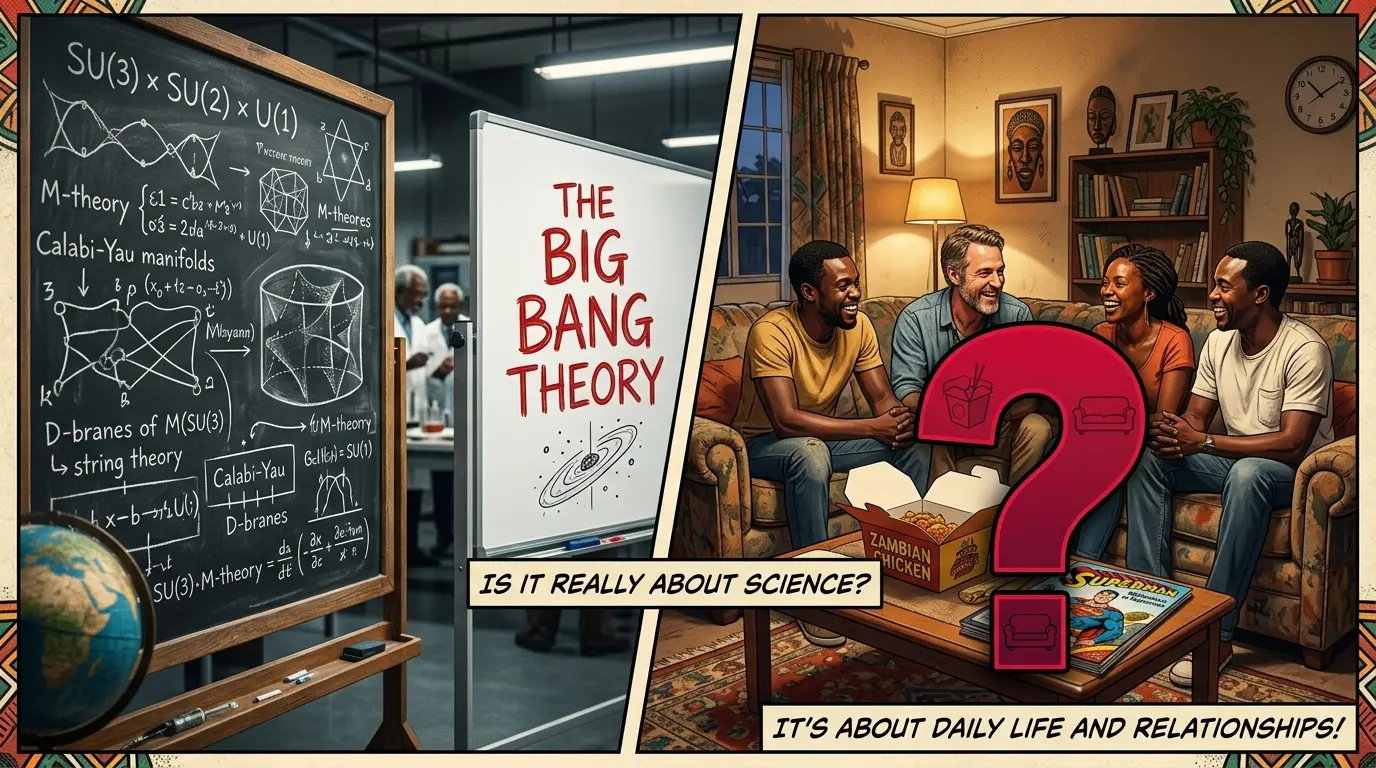 A split screen graphic comparing two worlds. On the left side, a chalkboard filled with complex string theory equations and a whiteboard with the words "The Big Bang Theory". On the right side, a cozy apartment living room scene with a takeout box, a comic book, and a couch, emphasizing that the show is actually about daily life and relationships rather than science.