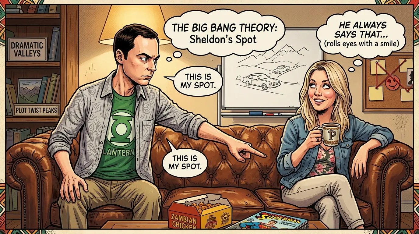 A close-up illustration of Sheldon Cooper pointing rigidly at his spot on the brown leather couch, while Penny sits on the opposite end, rolling her eyes with a lighthearted smile while holding a coffee mug.