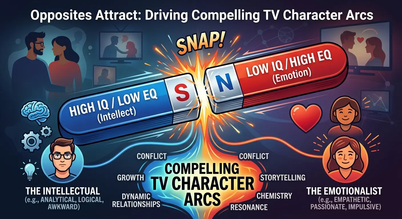 A visual diagram showing opposing magnets snapping together. One magnet is labeled "High IQ / Low EQ (Intellect)" and the other is labeled "Low IQ / High EQ (Emotion)", symbolizing how opposite forces drive compelling TV character arcs.