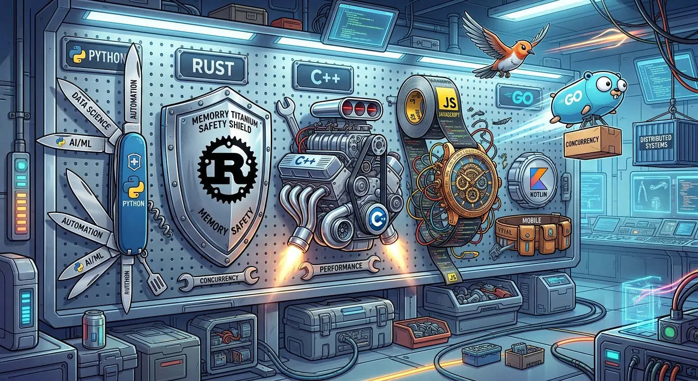 A humorous conceptual illustration of a futuristic digital workshop. On a massive tool rack, different programming language logos (Python, Rust, JavaScript, Go, C++) are shaped like specialized mechanics' tools—Python as a Swiss Army knife, Rust as a titanium safety shield, C++ as a high-powered race car engine, and JavaScript as a duct-tape roll powering a Swiss watch.