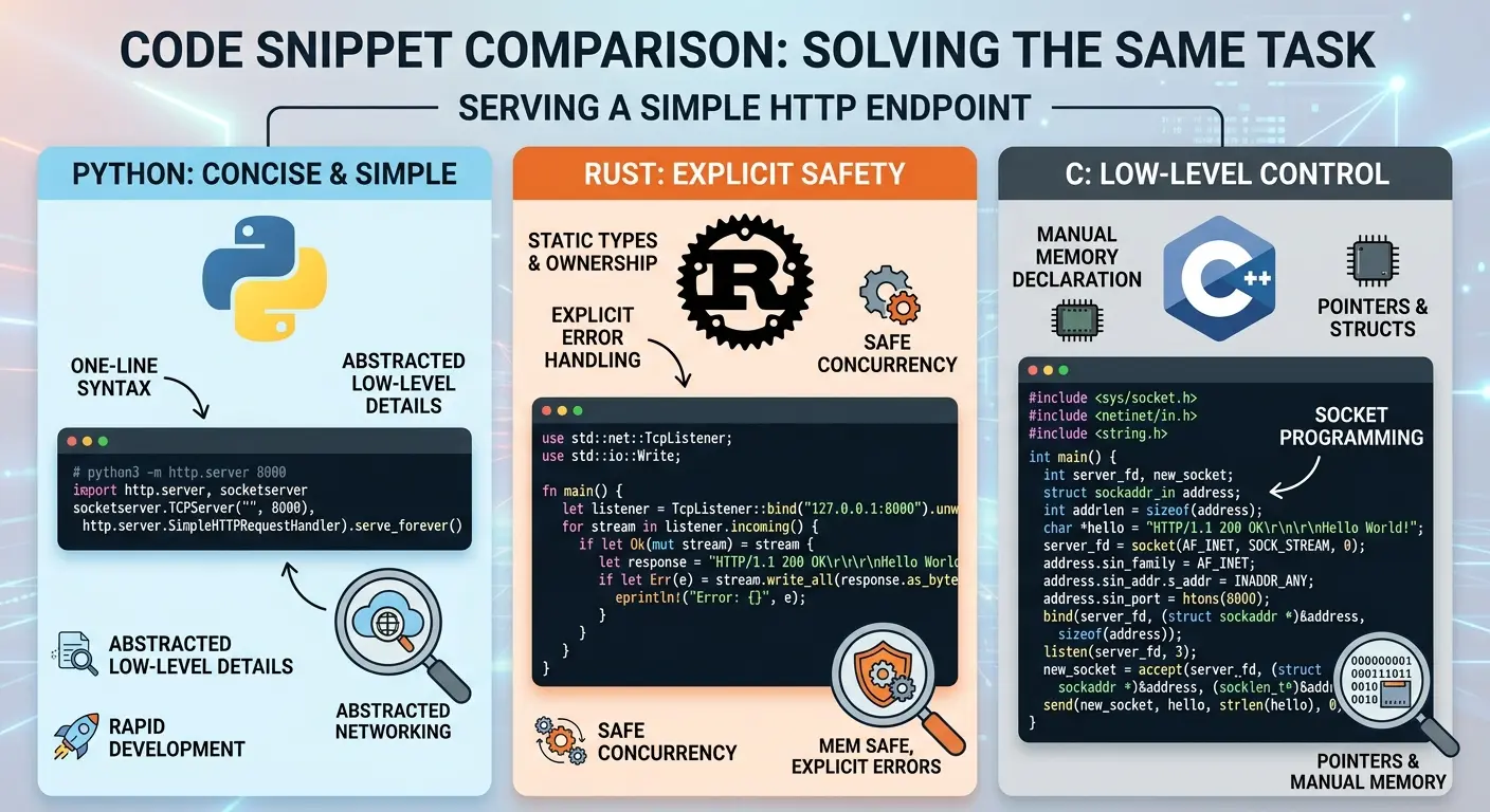 A clean, modern infographic comparing code snippets across different languages solving the exact same task (e.g., printing "Hello World" or serving an HTTP endpoint). The contrast highlights Python's concise 1-line syntax versus Rust's explicit error-handling and C's low-level memory declarations.