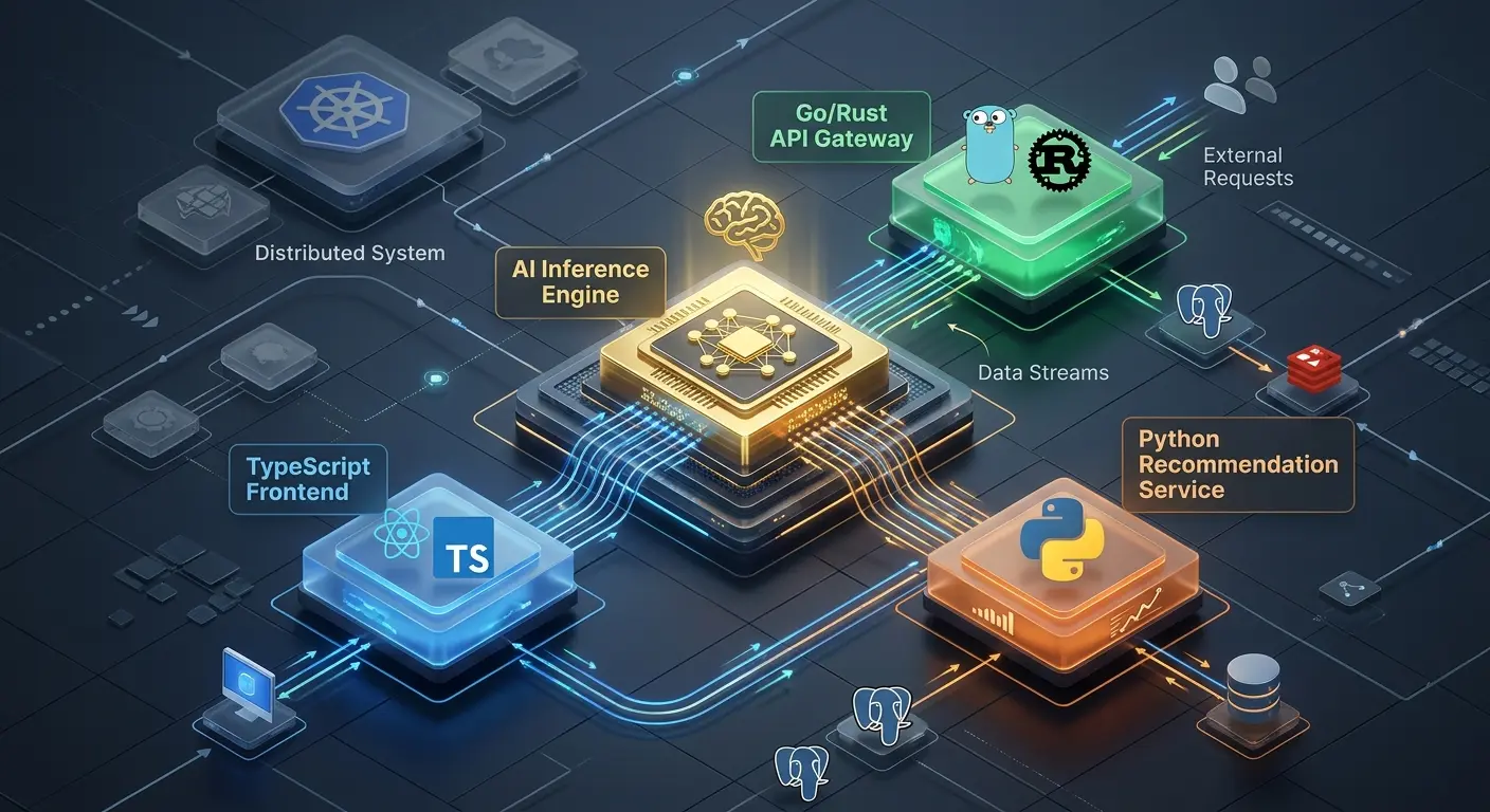 A sleek 3D schematic diagram of a modern distributed microservices system. In the center, a golden "AI Inference Engine" icon communicates with a green "Go/Rust API Gateway", a blue "TypeScript Frontend", and an orange "Python Recommendation Service", connected by glowing data streams.