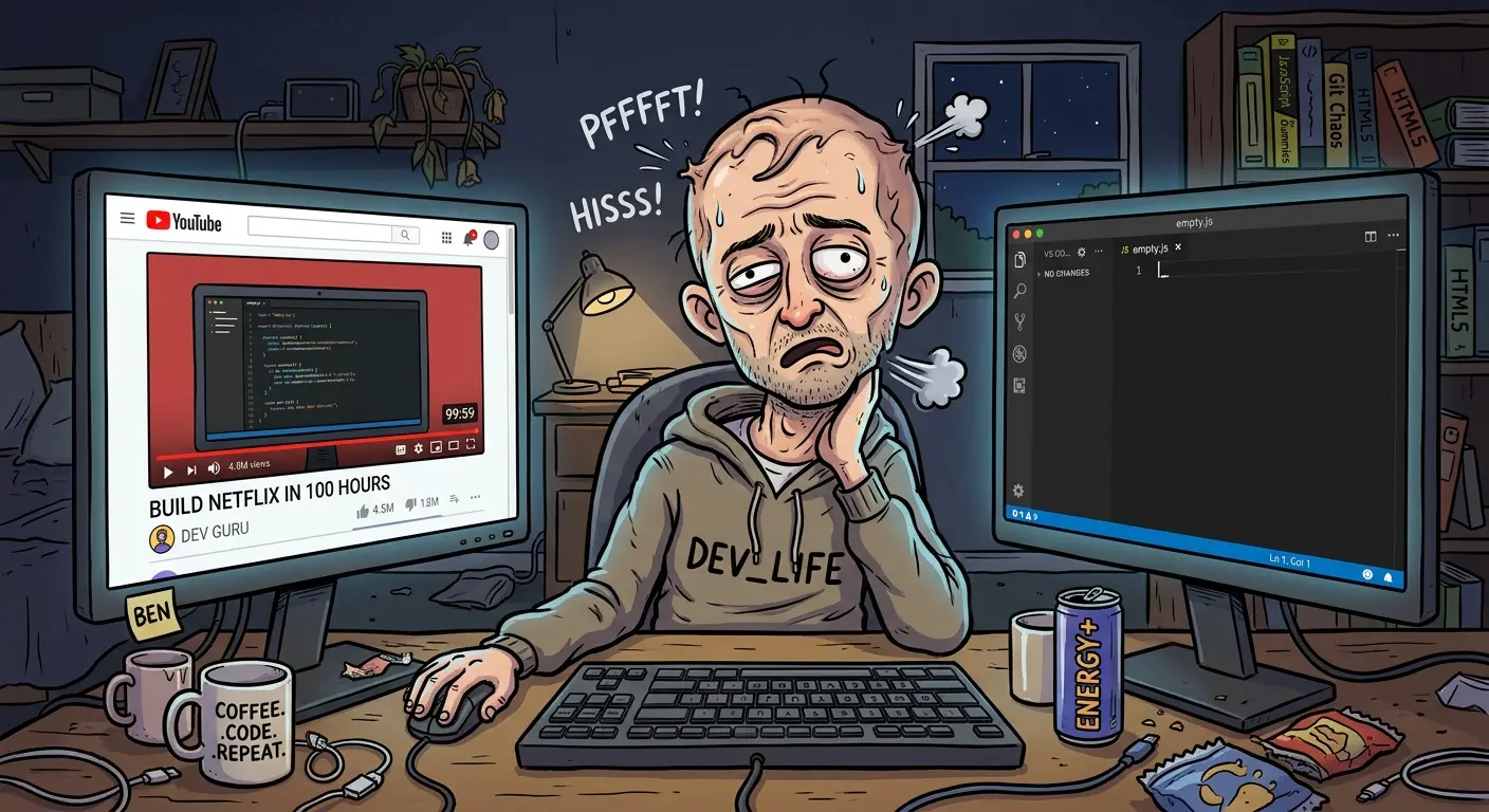 A humorous cartoon illustrating a developer sitting in front of a glowing dual-monitor setup. On the left screen, a YouTube video plays titled "Build Netflix in 100 Hours" with a progress bar at 99%. On the right screen, a completely blank code editor sits open with a blinking cursor, while the developer's head is cartoonishly deflating like a popped balloon.