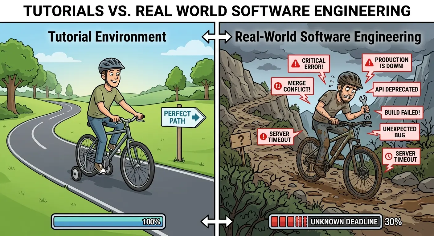 A split comparison graphic. On the left, a smooth paved bicycle path with training wheels labeled "Tutorial Environment". On the right, a rocky, mud-covered mountain trail with a developer holding a wrench surrounded by floating red error messages labeled "Real-World Software Engineering".