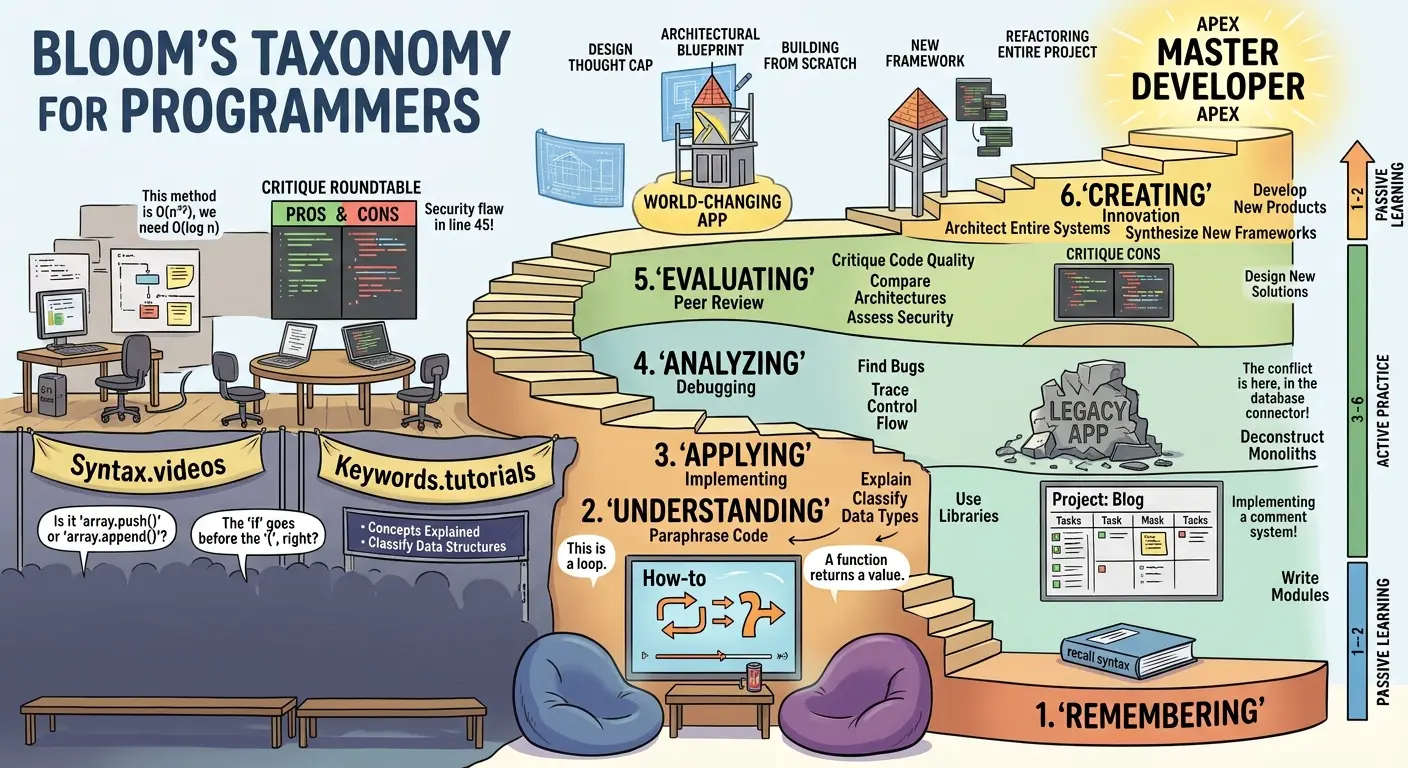 An infographic illustrating Bloom's Taxonomy reshaped as a staircase for programmers. The bottom steps ("Remembering" and "Understanding") are crammed with cartoon figures watching videos. The top steps ("Analyzing", "Evaluating", and "Creating") feature developers actively building, breaking, and refactoring projects.