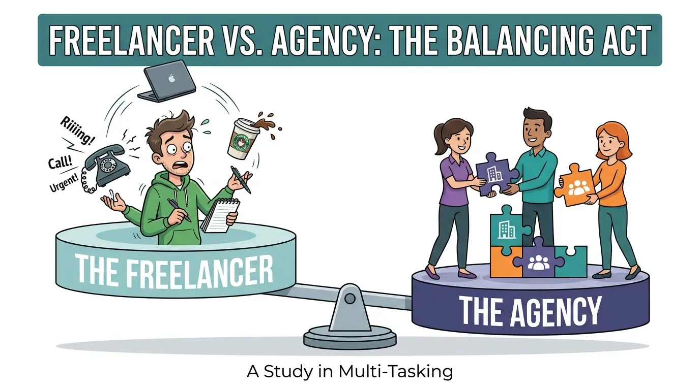 A humorous vector graphic showing a balancing scale. On one side, a single guy juggling a laptop, a ringing phone, and a cup of coffee (The Freelancer). On the other side, a calm, organized team of three people passing puzzle pieces to each other (The Agency).
