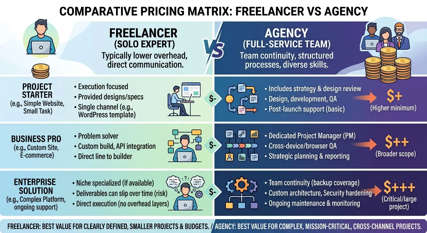 A comparative pricing matrix graphic. The graphic visually contrasts the typical price range of a freelancer (smaller stack of coins) versus an agency (larger stack of coins), highlighting the different features included in each tier.