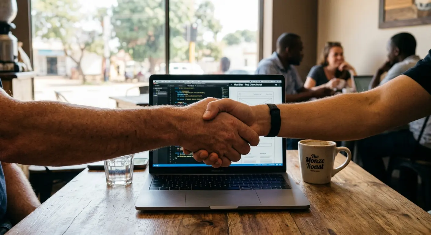 A close-up of two hands shaking over a coffee shop table, with a laptop open in the background, symbolizing a successful partnership between a client and a developer.