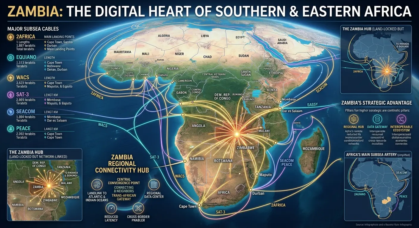 A large, detailed infographic map showing the African continent surrounded by glowing subsea fiber optic cables in the ocean. Bright lines radiate inward from coastal landing points across southern and eastern Africa, converging into a central hub over Zambia.