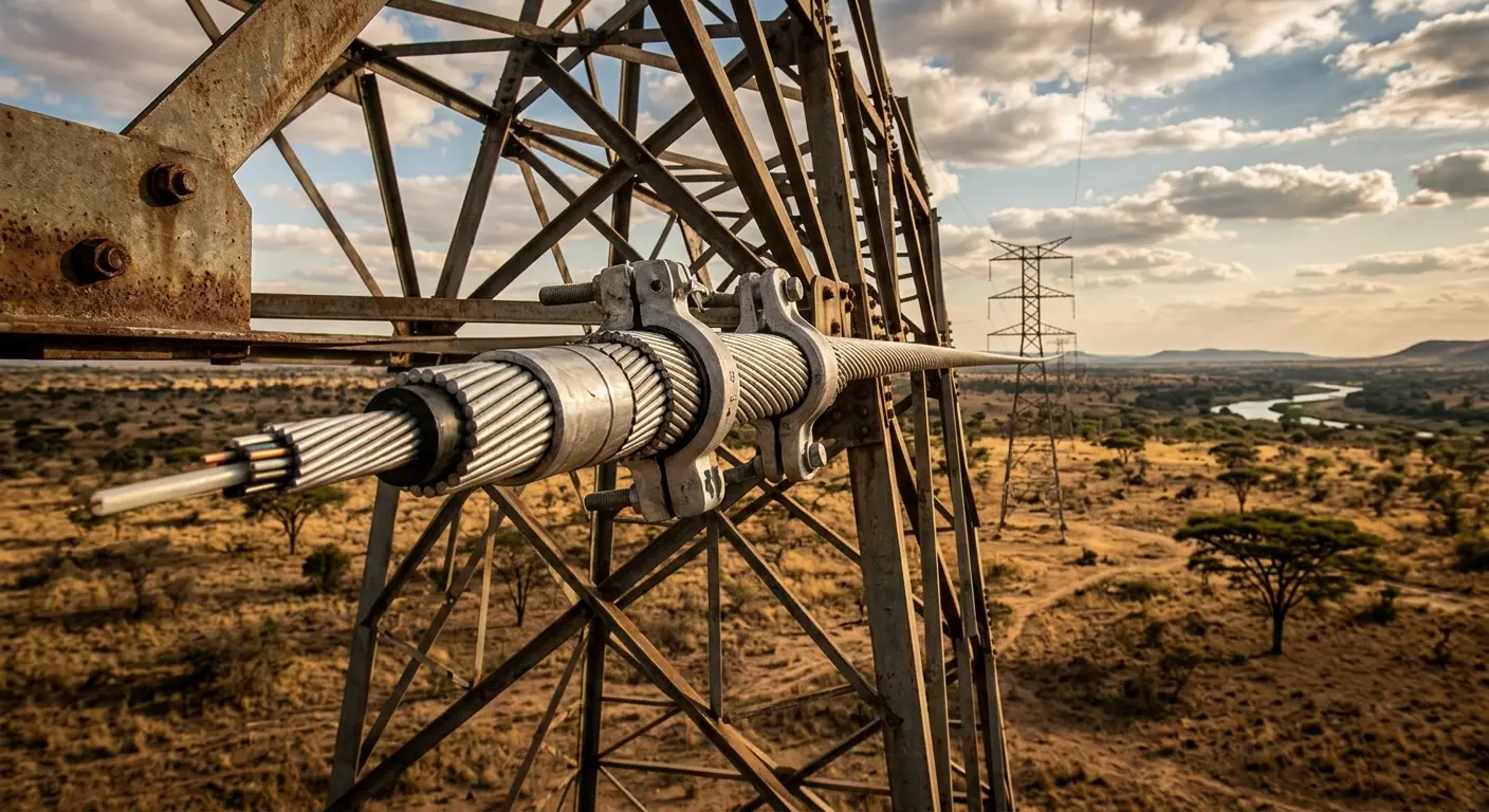 A dramatic close-up photo of an Optical Ground Wire (OPGW) cable running along the top of tall high-voltage electricity transmission pylons stretching across a scenic Zambian savanna landscape toward the horizon.