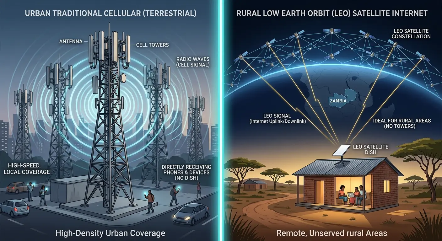A sleek, modern split illustration. On the left side, a cell tower surrounded by trees transmitting radio waves to a house. On the right side, a small white rectangular satellite dish mounted on a rural roof pointing directly up at a constellation of Low Earth Orbit (LEO) satellites in space.