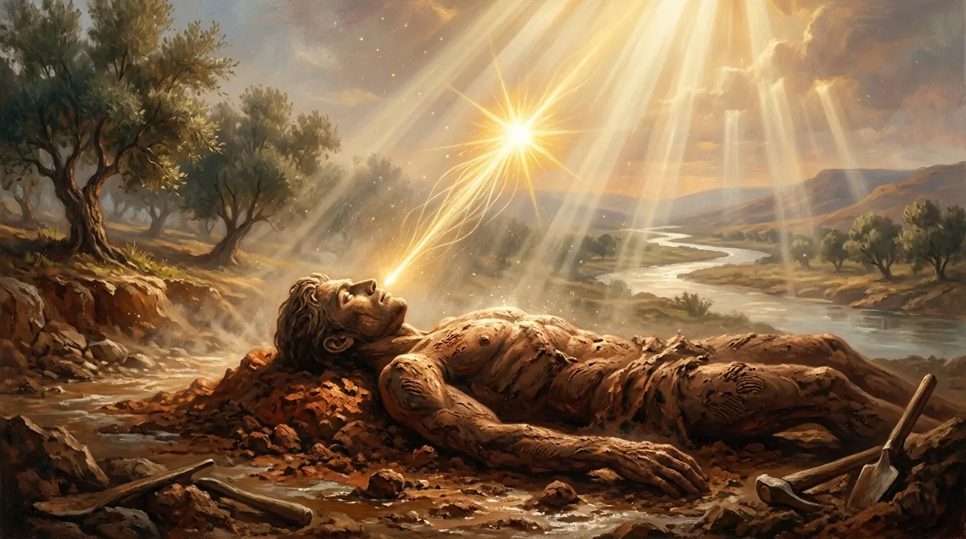 An artistic visual representation of creation from Genesis. Sunlight streaming through dust as a human form shaped from rich earth receives the glowing spark of the breath of life from above, illustrating the biblical formula: Dust + Breath = Living Soul.