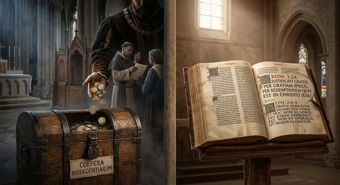 A dramatic split visual showing a historic cathedral interior where medieval coins are dropped into a chest alongside an open ancient Bible displaying Latin script, contrasting human traditions of paid indulgences with biblical text.