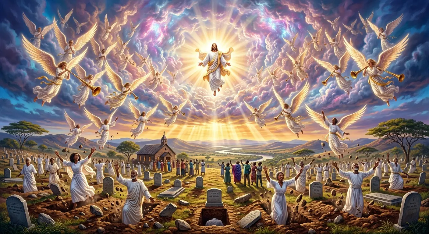 A vivid landscape illustrating the glorious Second Coming of Christ in the clouds, surrounded by angels, as graves open and the resurrected righteous rise to meet Him in the air.